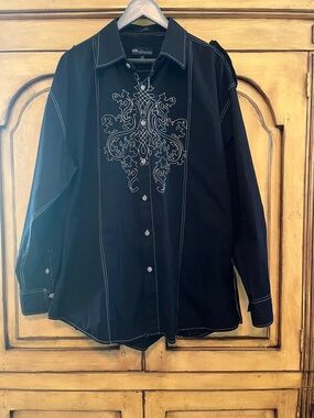 Black Men's Dress Shirt with Embroidered Front